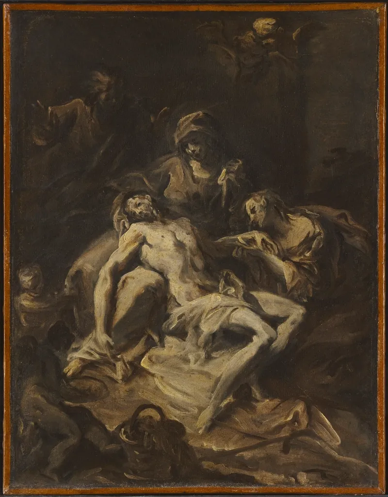 Pintura barroca religiosa, escena de devoción cristiana