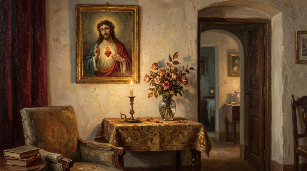 Interior de una casa modesta al atardecer con una imagen enmarcada del Sagrado Corazón colgada en la pared y una mesita debajo con una vela encendida y flores