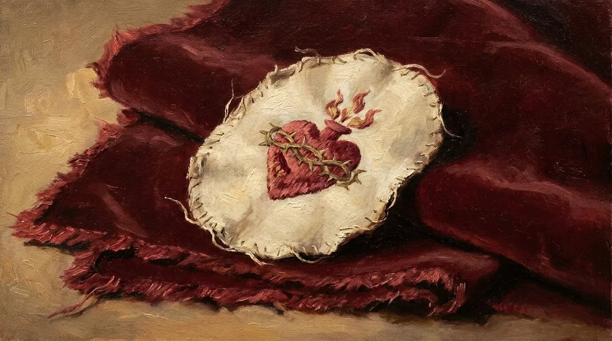 Insignia ovalada de tela clara con el Corazón de Jesús bordado en hilo rojo, rodeado de la corona de espinas y con llamas encima, cosida a mano y apoyada sobre un paño granate