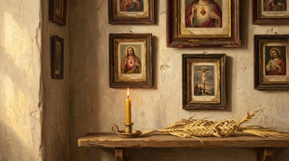 Pared enyesada de una casa modesta con varias estampas devocionales de Cristo en marcos de madera oscura colgadas de forma desigual, y una repisa debajo con una vela y una palma seca