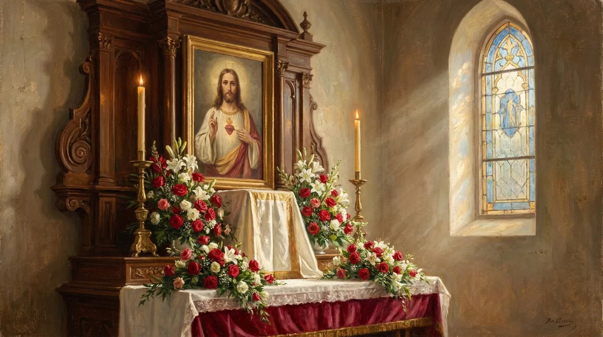 Altar lateral de una iglesia en junio con una imagen enmarcada del Sagrado Corazón adornada con flores blancas y rojas, velas altas encendidas y luz de verano entrando por una vidriera