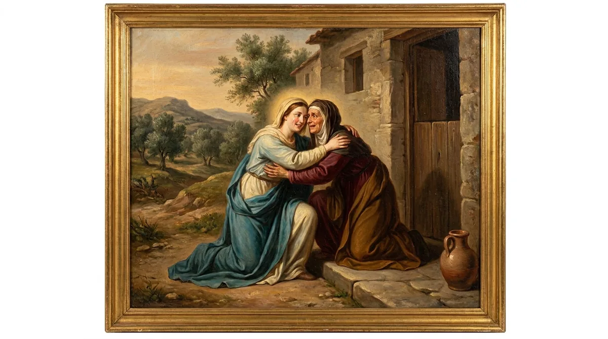 La Visitación pintada al óleo: la Virgen María joven y su prima Isabel se abrazan en el umbral de una casa de piedra, con luz dorada cayendo sobre sus rostros