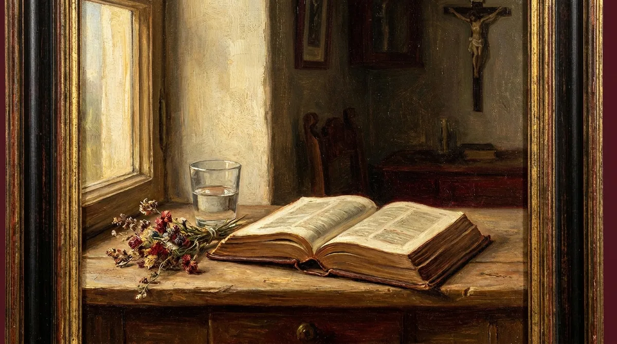 Libro de oraciones gastado y abierto sobre el alféizar de una ventana, con luz de día cayendo sobre las páginas y un vaso de agua y unas flores secas al lado