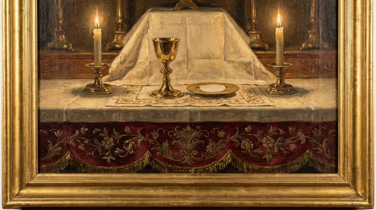Cáliz dorado y patena con una hostia blanca sobre el mantel de lino de un altar, con dos velas encendidas detrás y un frontal bordado en granate