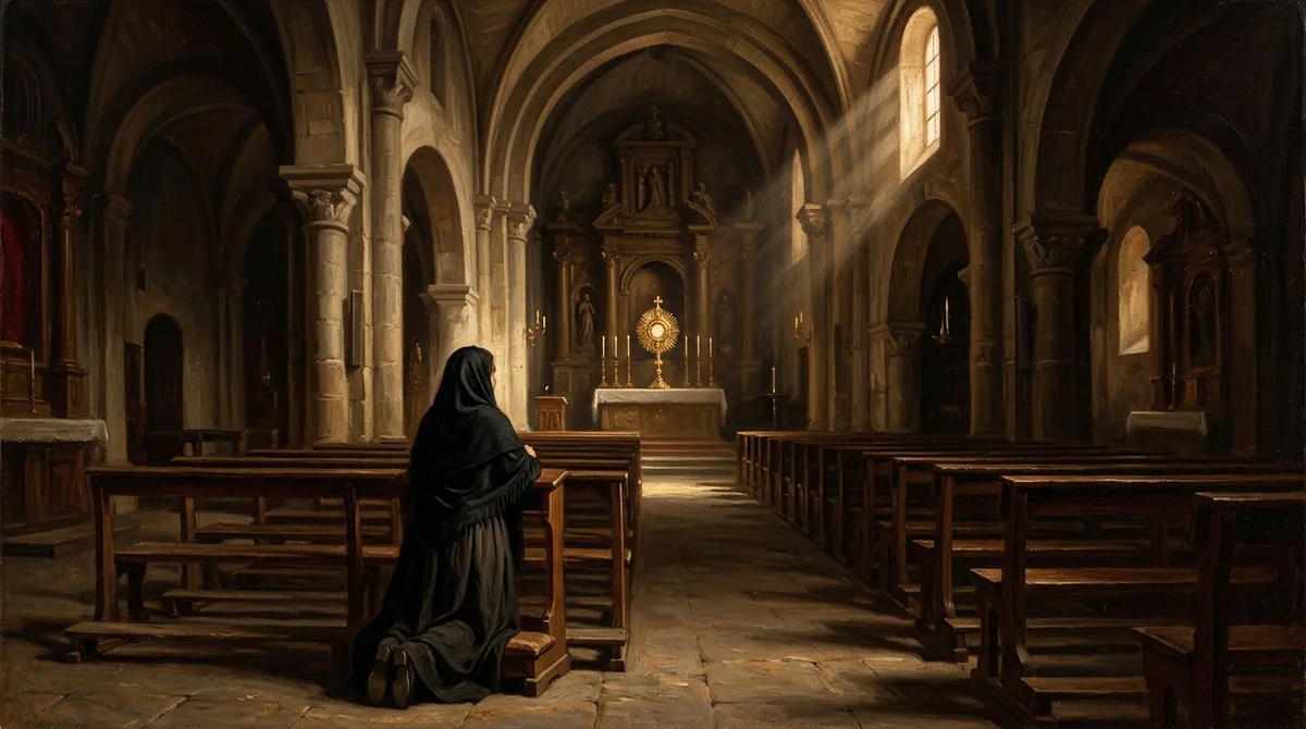 Figura solitaria vista de espaldas, arrodillada en la nave en penumbra de una iglesia antigua ante una custodia dorada, con luz entrando por un ventanal alto