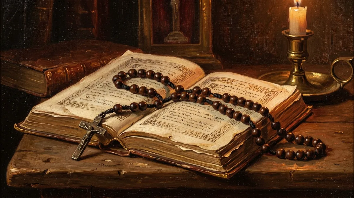 Rosario de cuentas de madera y crucifijo sobre un libro abierto