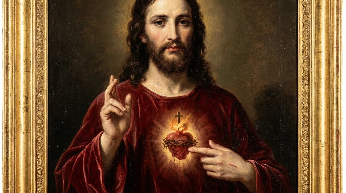 Pintura al óleo del Sagrado Corazón de Jesús: Cristo con túnica granate, la mano derecha bendiciendo y la izquierda señalando su corazón, que está rodeado por la corona de espinas, coronado de llamas y de una cruz